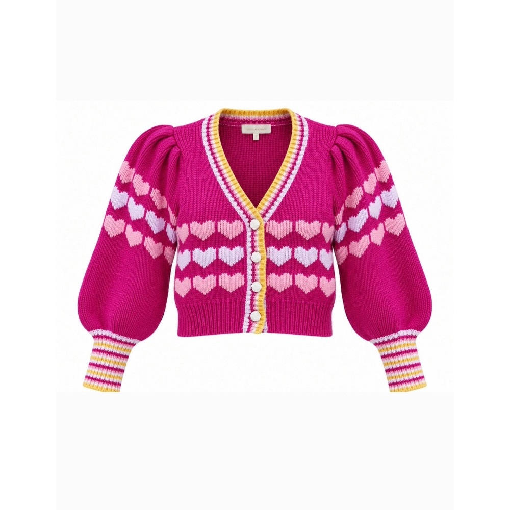 LoveShackFancy Cardigan Heart Coquette Pink Lovecore Puff Sleeve Rose Button S